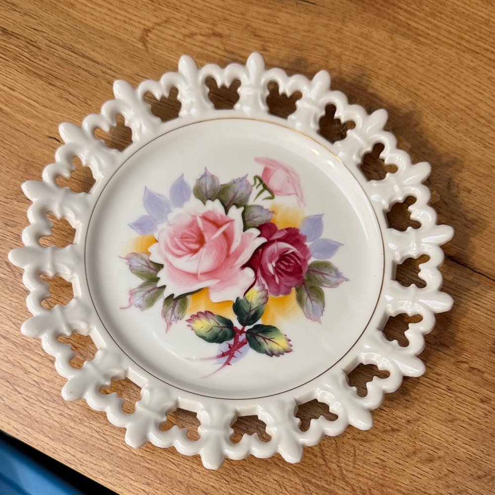 Vintage Hand Painted Lattice  Plate 8”Elegant Rose Design